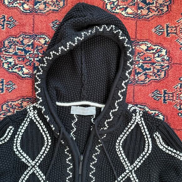 Liz Claiborne Black Cotton Zip Front Hooded Cardigan Sweater Pom Pom Drawstring - Picture 3 of 6